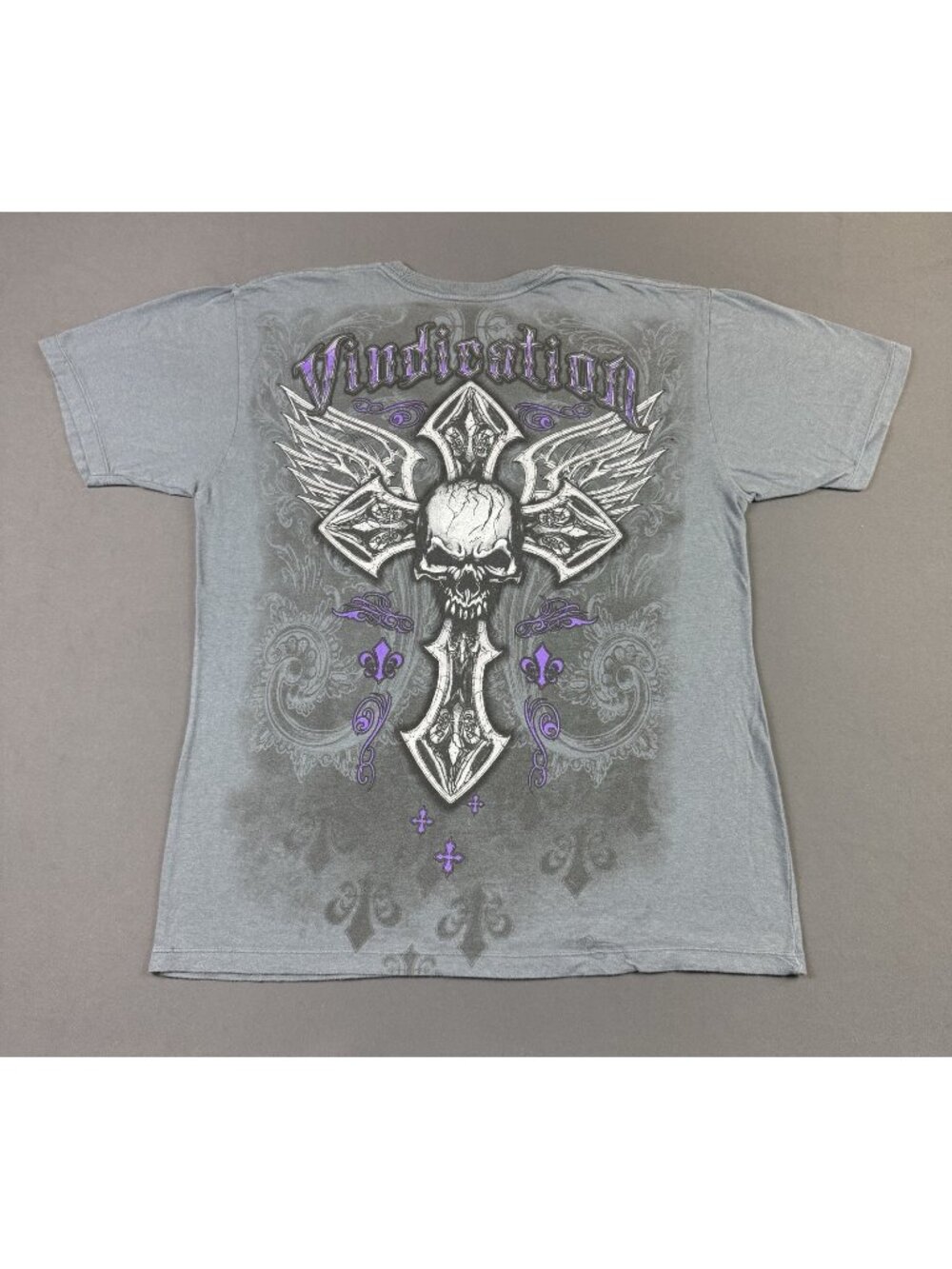 Rare Vintage Y2K Vindication Skull Cross AOP Wings Goth Grunge Gray Large Tee